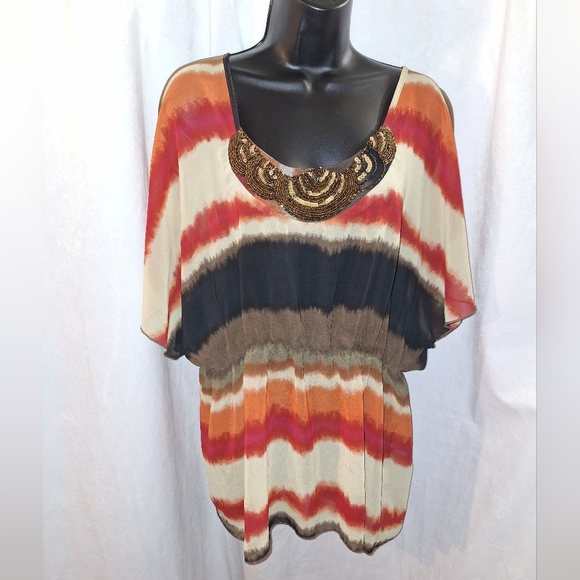 Studio Y Red and Orange Graphic Short Sleeve Blouse - Picture 1 of 5